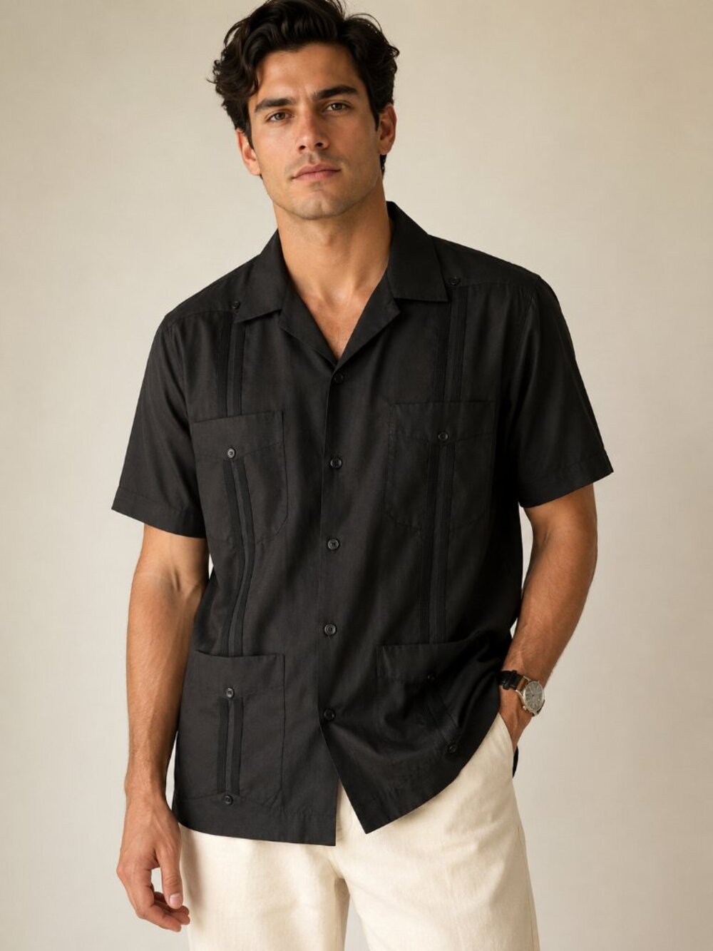 D'Accord Guayabera Shirt L Black Cuban 4 Pocket Pleated Rockabilly Resort